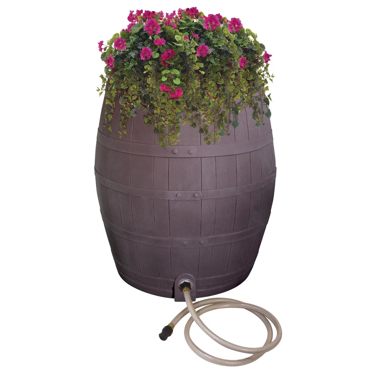 Water Design – Planter, Barrel – Hose Whiskey – 50-Gallon Flatback Includes Brown Rescue Outlet Rain Rain Diverter,