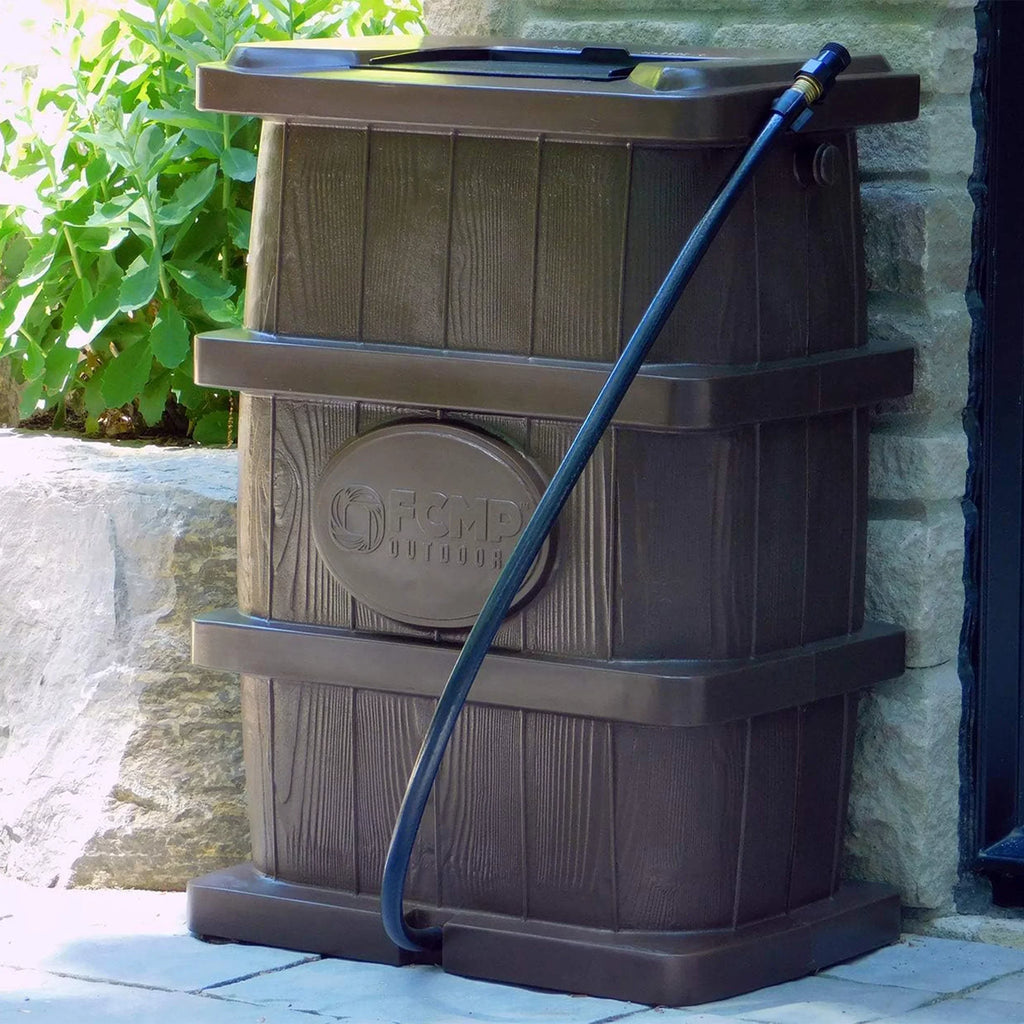 FCMP Outdoor Gallon Rain Catcher 45 Wood Barrel, WG4000 Grain Brown Water
