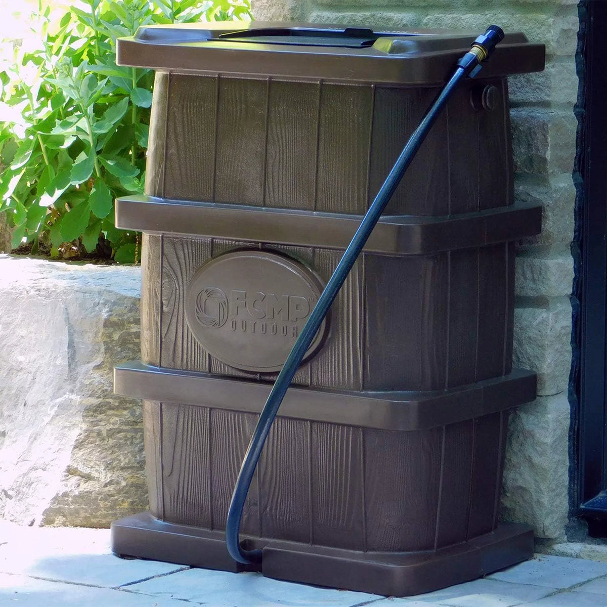 FCMP Outdoor Gallon Rain Catcher 45 Wood Barrel, WG4000 Grain Brown Water