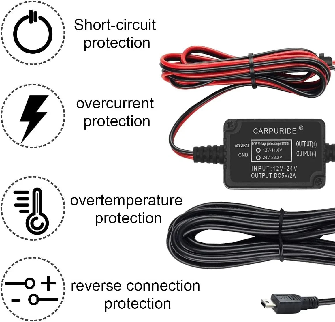 Car 5V/2A Dash to DC Cam Port, Fuse, Hardwire Camera with USB - 12V Kit, Cable Mini Charger Low kit Max 24V Dash