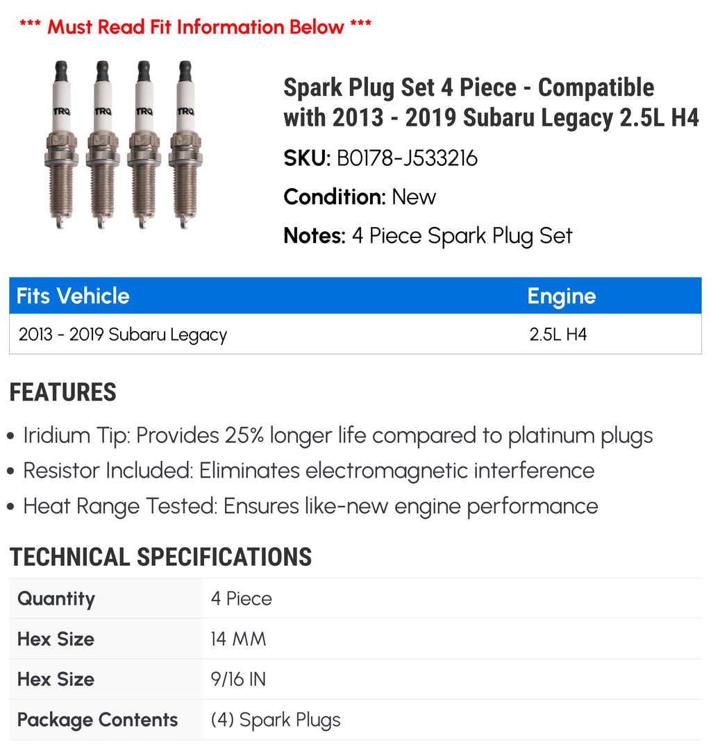 2014 2016 H4 Piece Legacy 2013 2018 2.5L Compatible Set Subaru 4 with - 2019 Spark Plug - 2015 2017