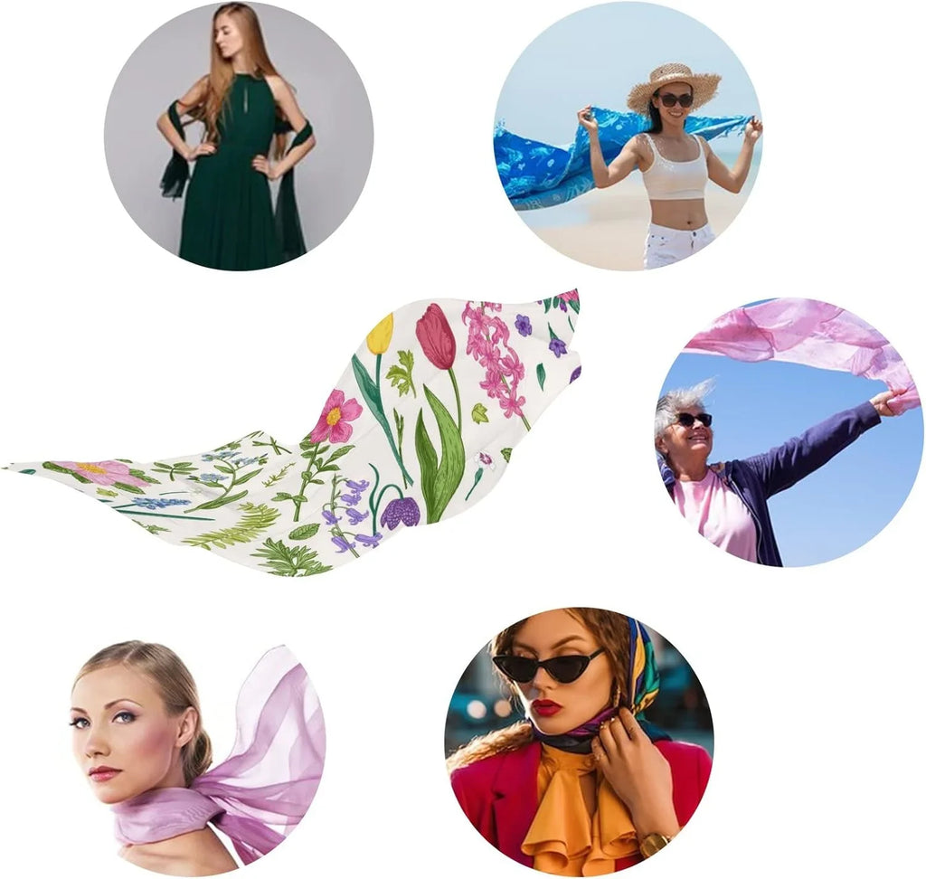 Neck Scarf Long Lightweight Flowers Girls for Wrap and Women Hyjoy Silk Meadow Herbs Scarves Shawl