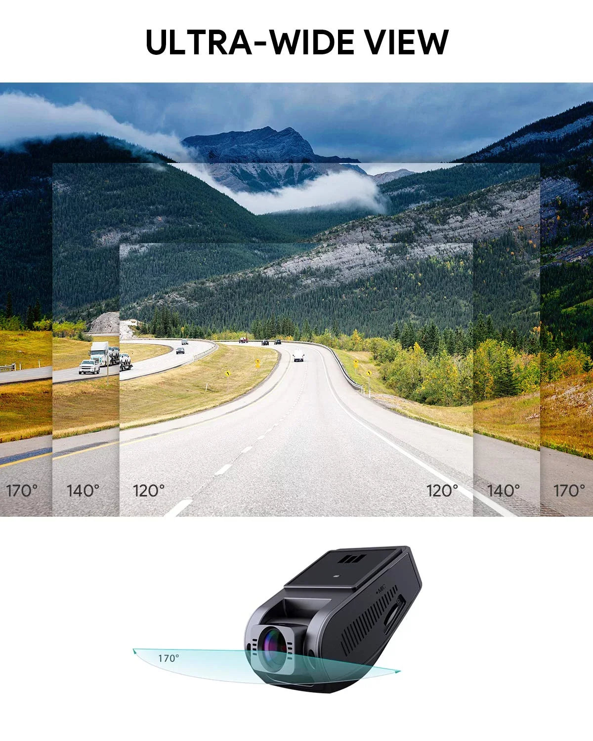 AUKEY Cam, Car Cars, for Angle Lens 1080P FHD Dash Dash Black-DR02 170-Degree Wide 6-Lane Wifi P Camera, Camera