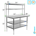 Table With Two 12" Overshelf Kitchen Steel Prep Shelving Tier Wide Metal & 30" Table Shelves Double Combo Work | Stainless 24" | x