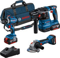 Bosch Professional 18V System Akumulatorowy Zestaw Combo: Gsb 18V-45 + Gbh 18V-22 + Gws 18V-8 (Zestaw: 3 Akumulatory Gba 18V 4.0Ah, Ładowarka Gal 18V-