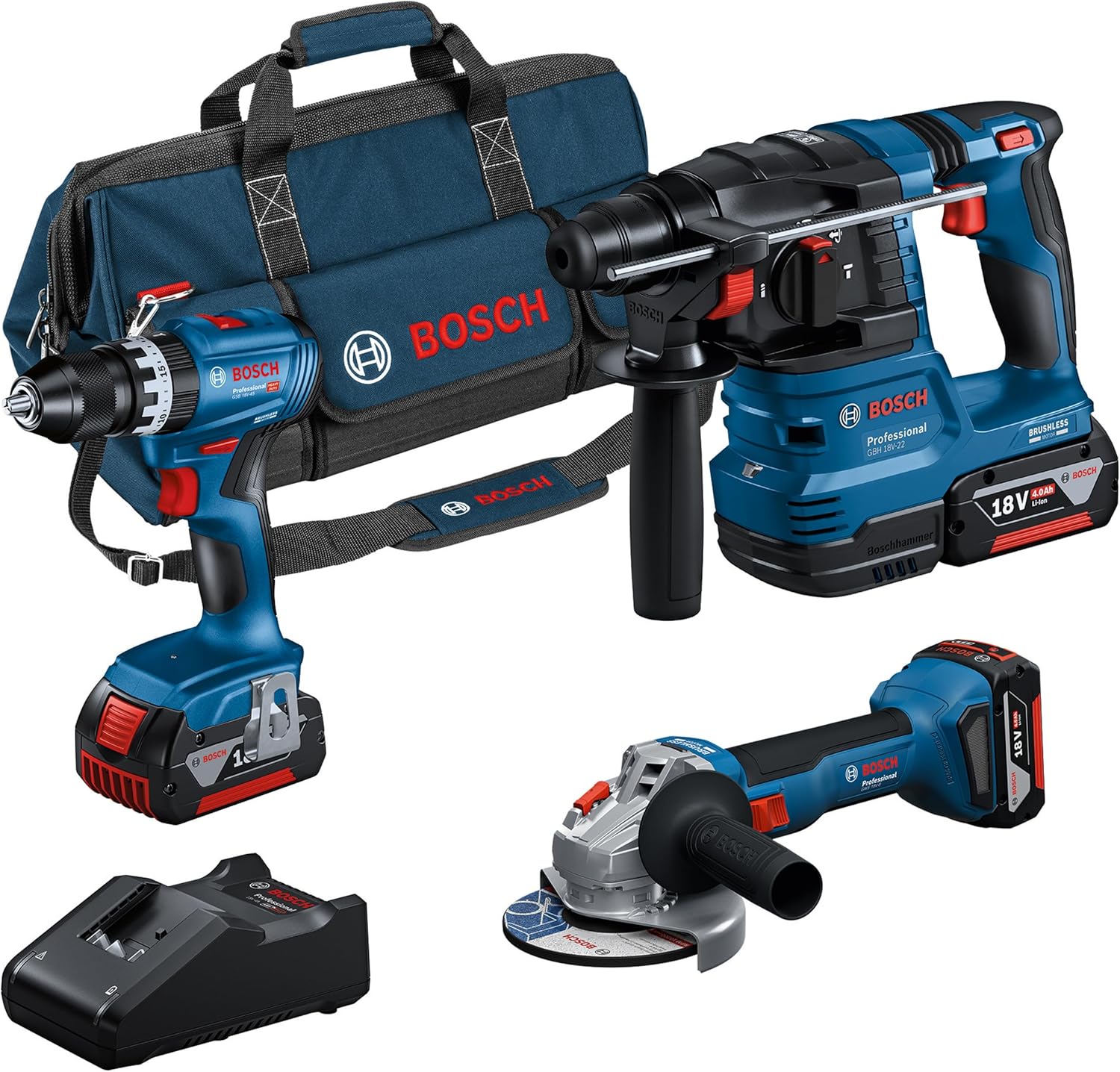 Bosch Professional 18V System Akumulatorowy Zestaw Combo: Gsb 18V-45 + Gbh 18V-22 + Gws 18V-8 (Zestaw: 3 Akumulatory Gba 18V 4.0Ah, Ładowarka Gal 18V-