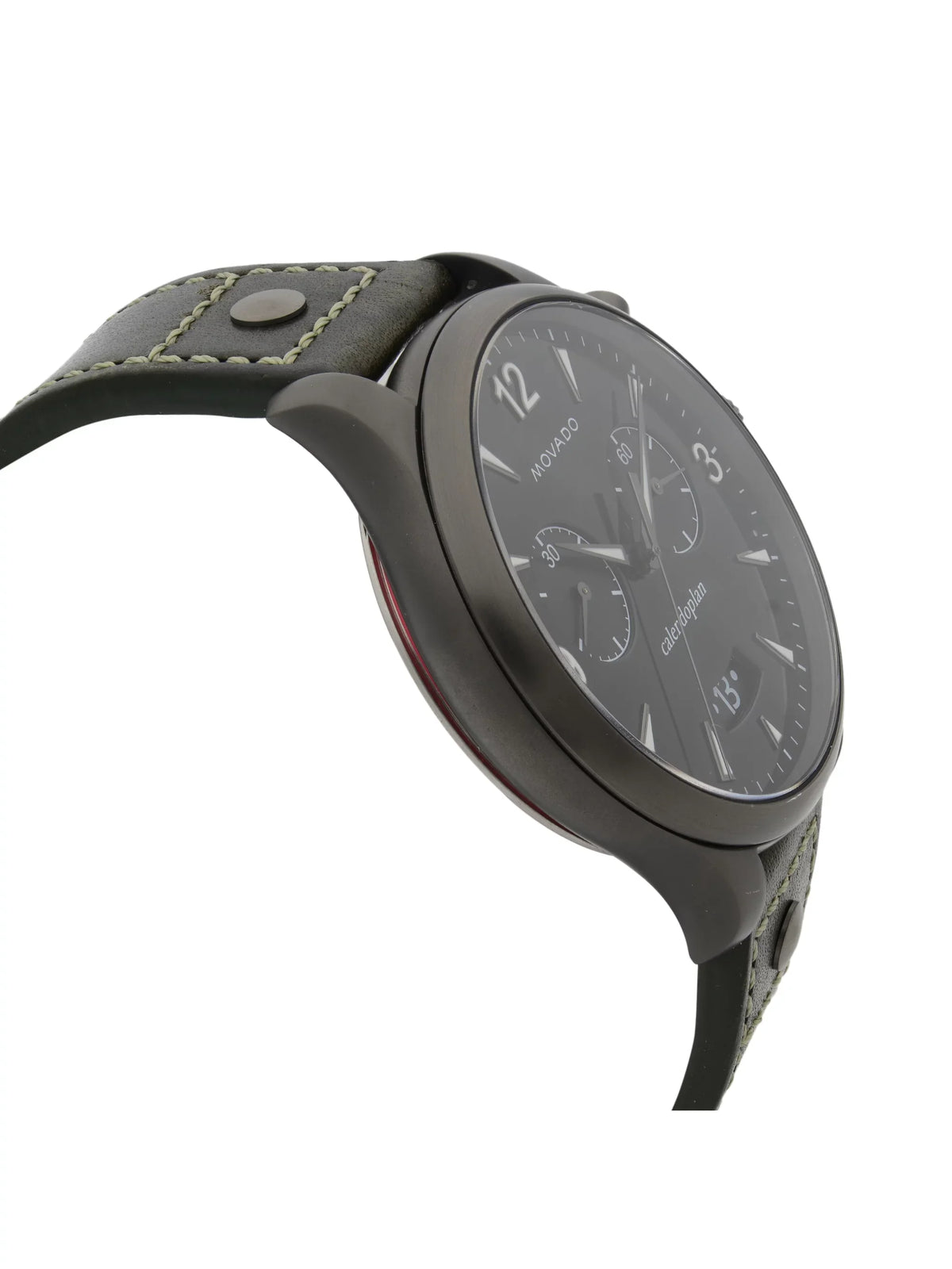 Pre-Owned Green Heritage Quartz Gunmetal Steel Dial 3650029 Watch Movado Leather Black