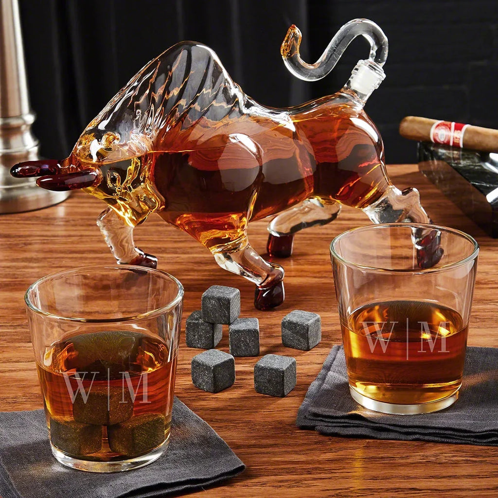 The On Set Rocks Engraved Decanter El Quinton with Matador Bull Glasses Bourbon