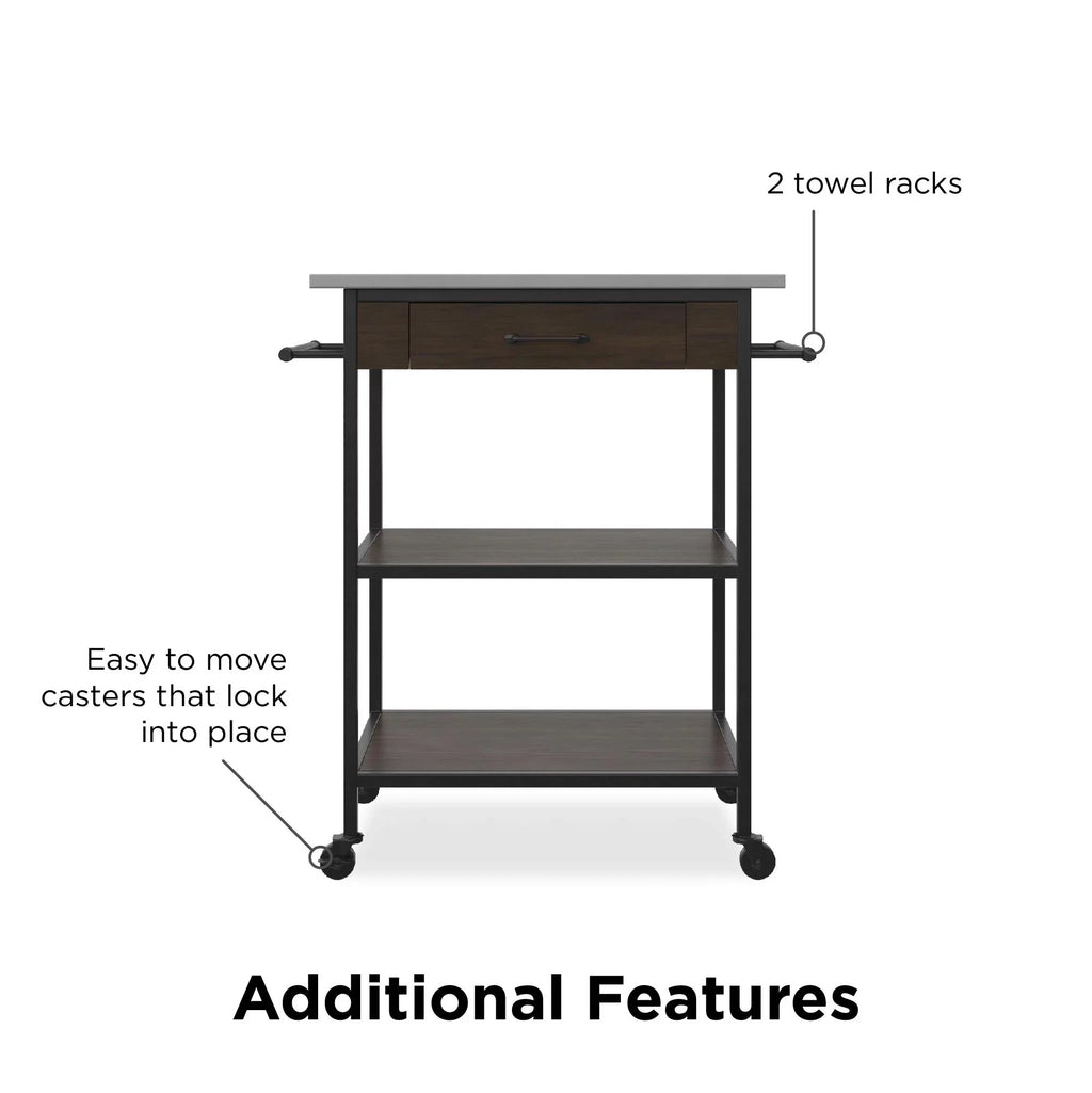 Counter DHP Black Brown Frame, Metal Stainless Top, Pantry Kitchen Kane Cart, Storage, Steel