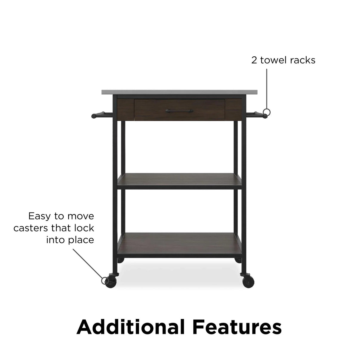 Counter DHP Black Brown Frame, Metal Stainless Top, Pantry Kitchen Kane Cart, Storage, Steel