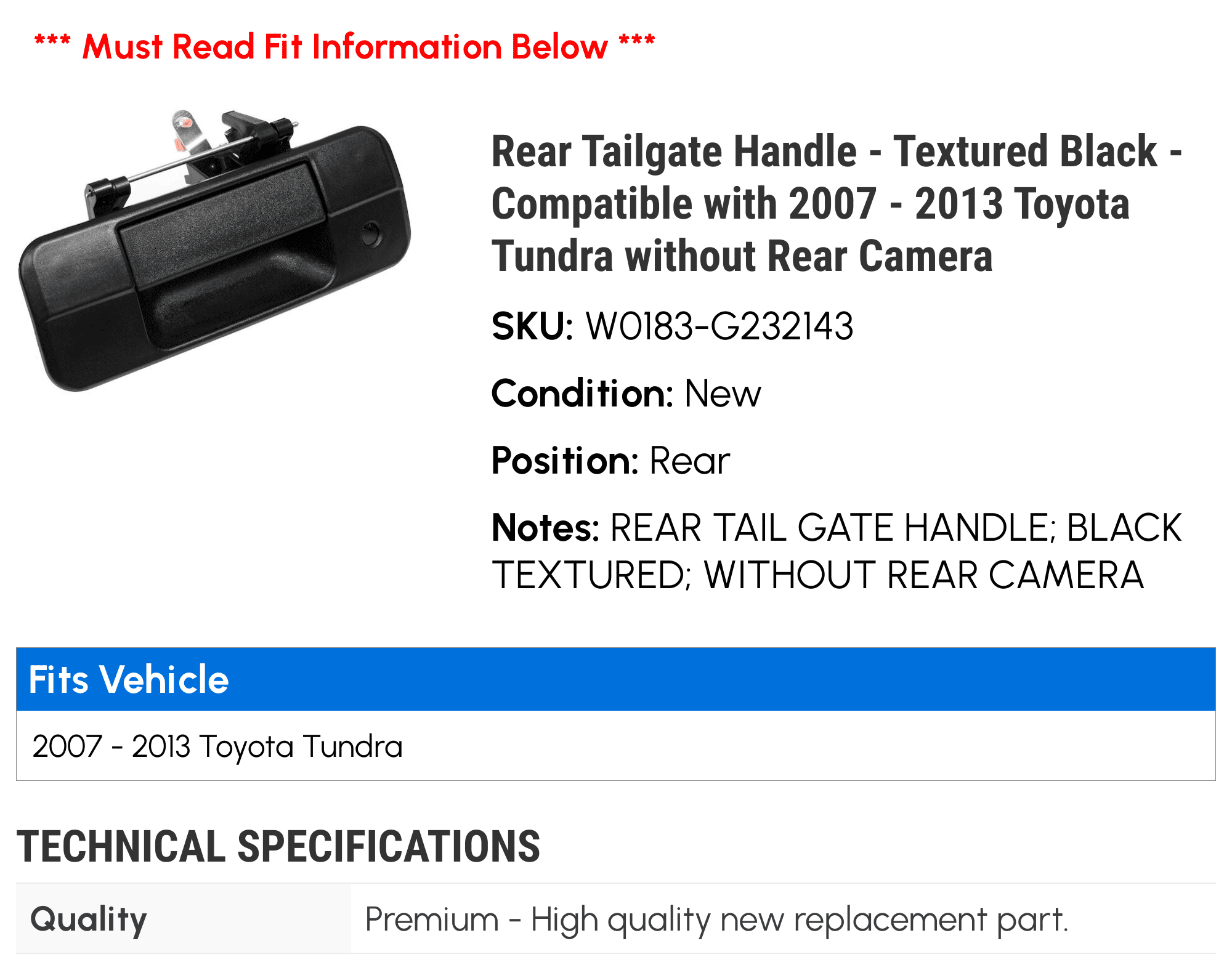 2010 2007 Toyota 2008 Rear Tundra Textured 2011 Black Tailgate Camera - with 2012 without Rear 2013 - - Compatible 2009 Handle