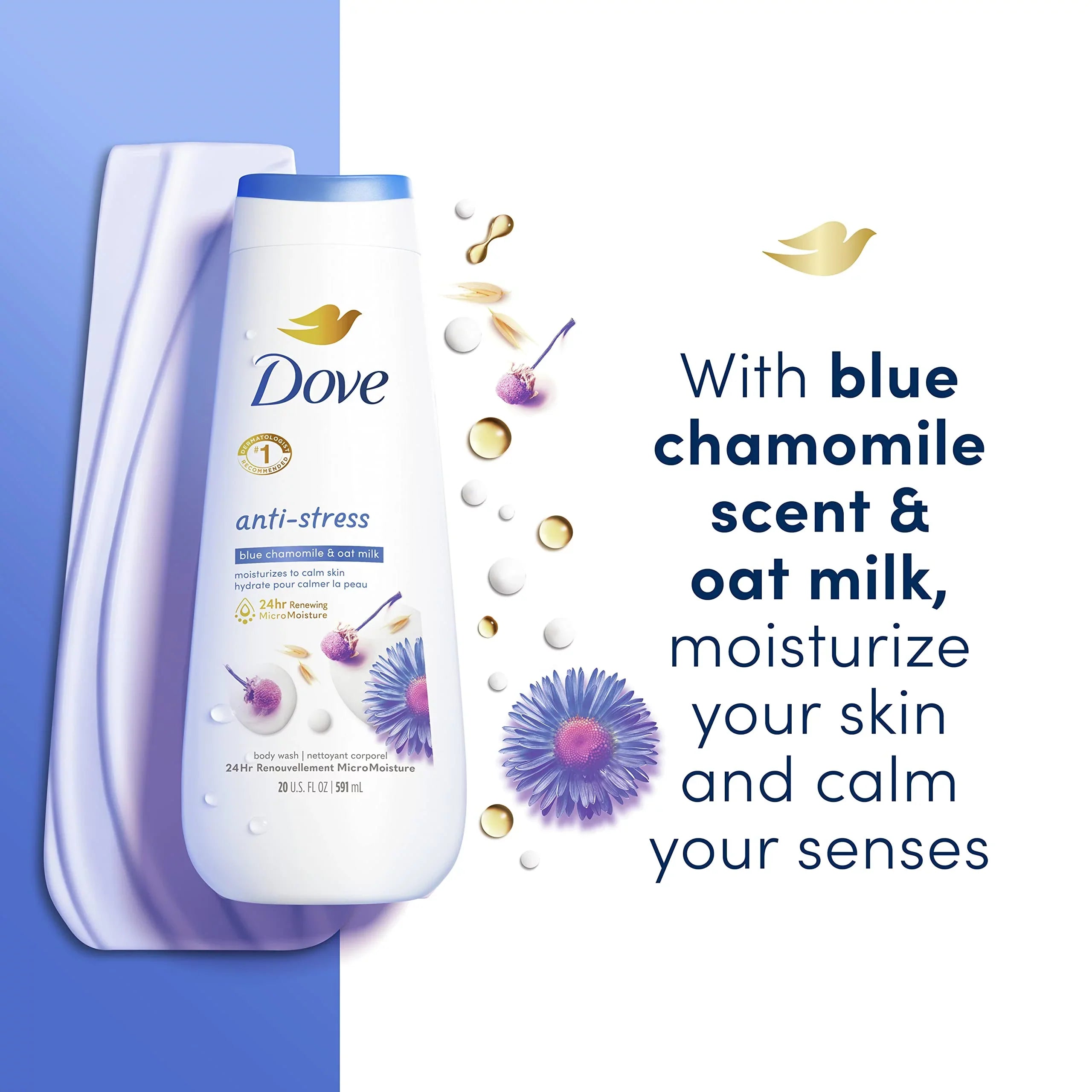 Renewing Anti-Stress Gentle Count 20 With & 4 Body Micromoisture Skin Healthy-Looking Cleanser 24Hr Oat Milk Wash Moisturizing Renewed, For Skin Oz Chamomile Dove