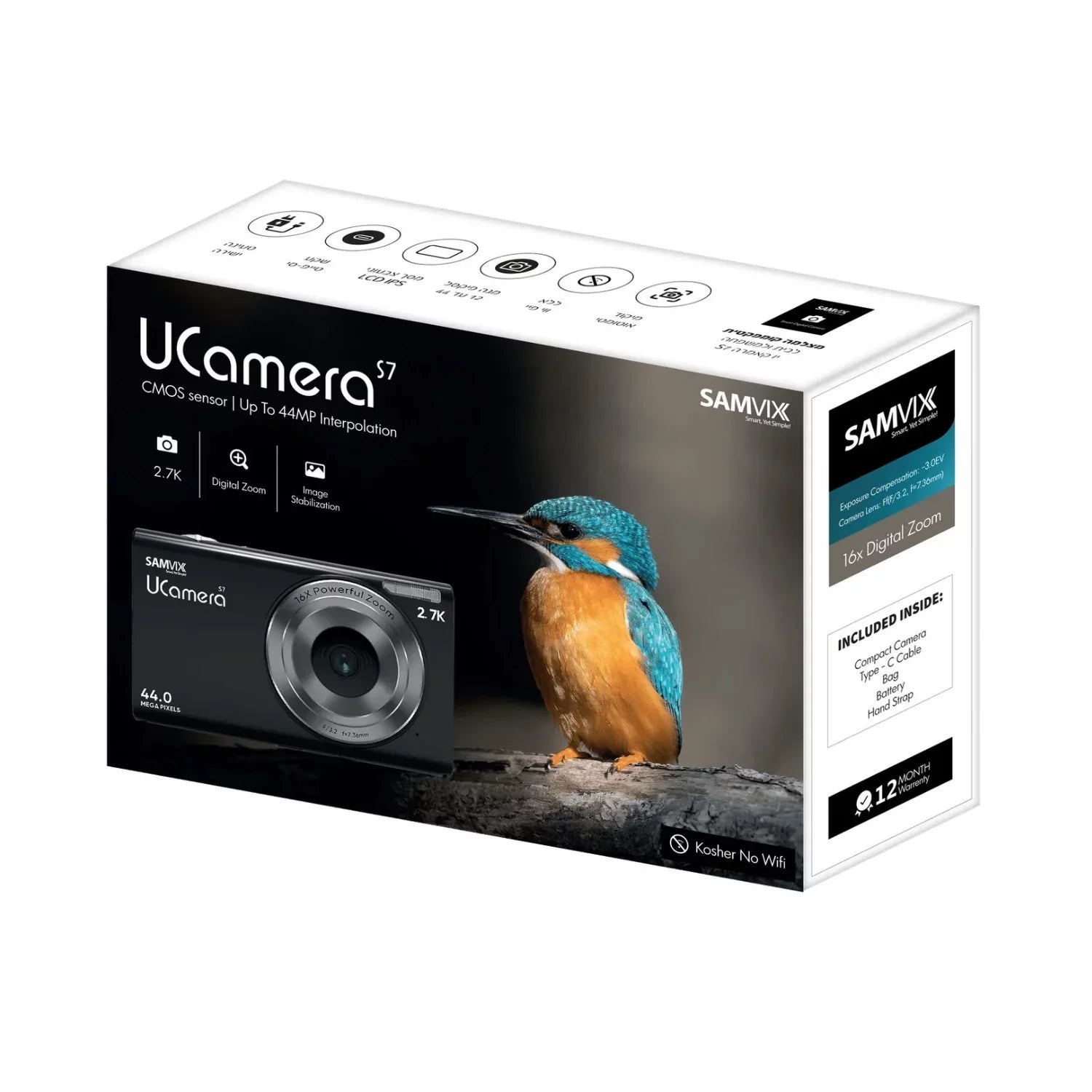 Video, Digital Wifi, 44MP S7 Camera No Bluetooth Samvix UCamera No Kosher with
