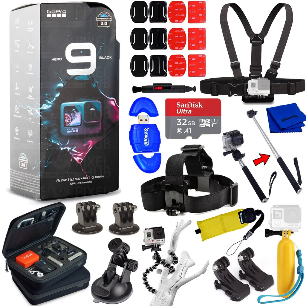 and Black Chest SanDisk Camcorder Strap, 3-Way Much In Tripod, Medium with Head GoPro More HERO9 PRO Stick and Waterproof Selfie 32GB, 1 Case, 4K All KIT ACCESSORY