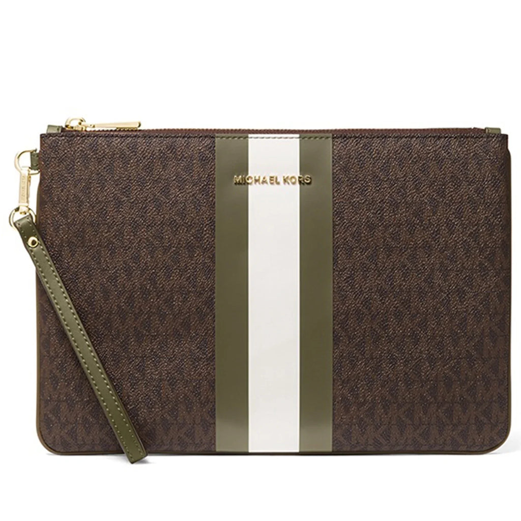 / (Brown Michael Logo Kors Pouch Wristlet Women's Print Jet Large Zip Set Canvas Olive)
