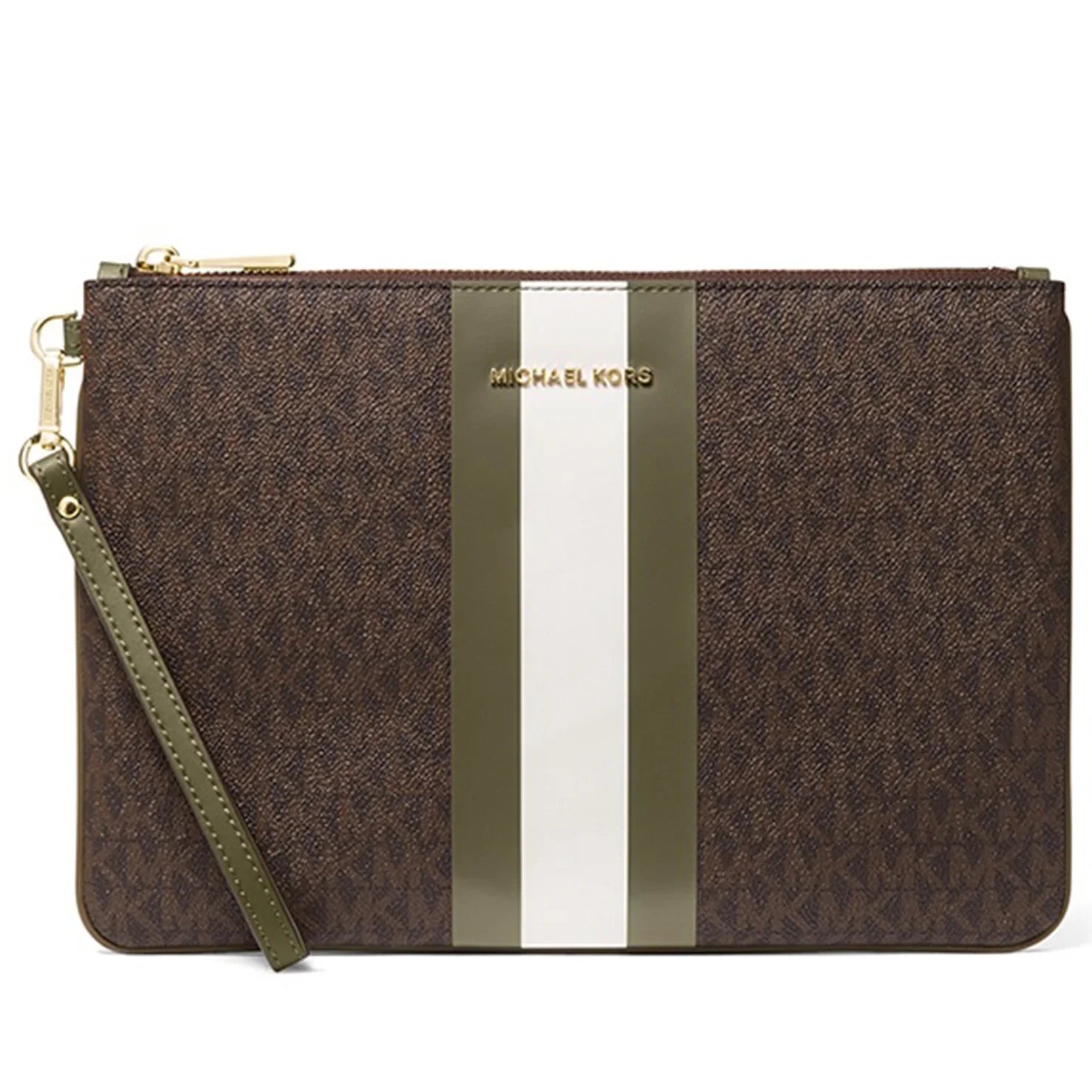 / (Brown Michael Logo Kors Pouch Wristlet Women's Print Jet Large Zip Set Canvas Olive)