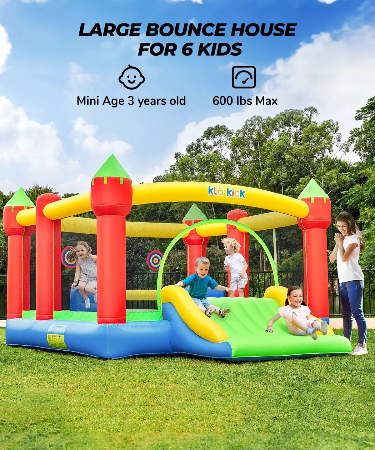 Bounce for Slide Oxford Adult, Teen, 12' 840D 15'x Kids KLOKICK Infant, Large Child, Blower 3-10 Tween self-inflating House with Years, Bouncers for 6 &
