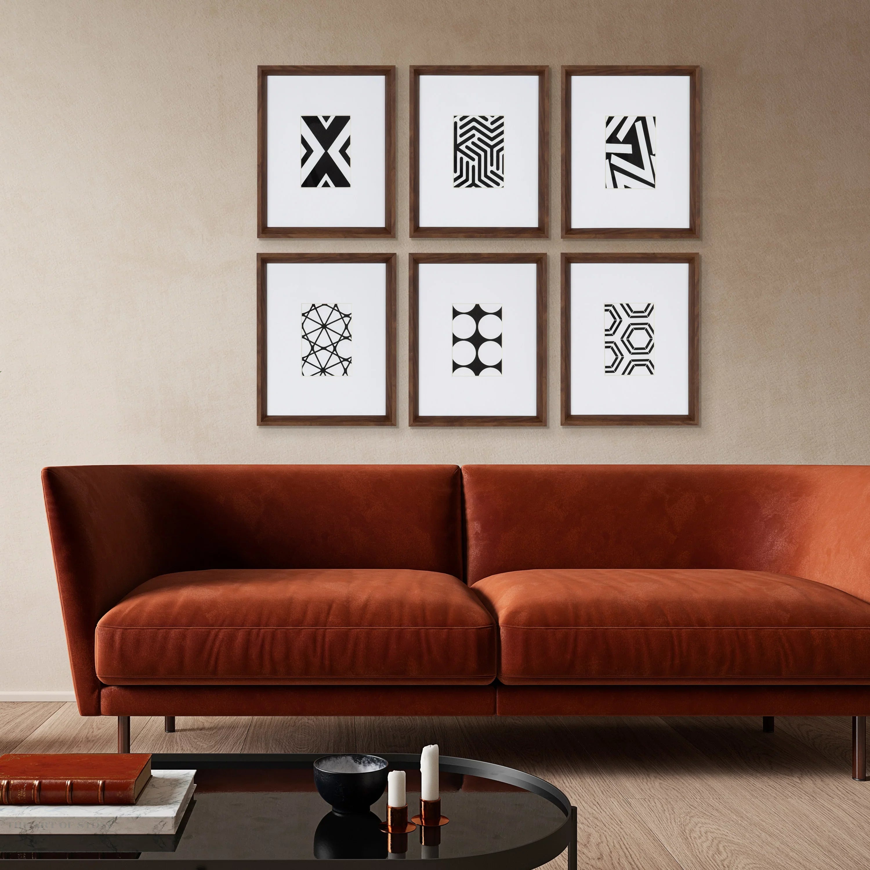 Kate Display Walnut Calder Laurel Framed Abstract Mid-Century of Decor for 6, Wall Art Prints, Modern and Set Brown,