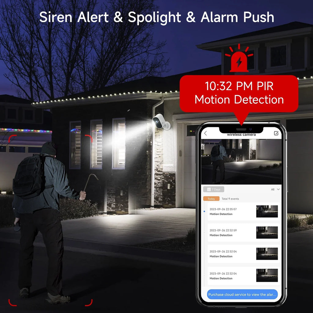 Camera Motion 2.4GHz Card Audio, with Cloud/SD Vision, WiFi, Security PIR Powered Outdoor, Storage, Battery Waterproof, Detection 2-Way Home Camera Night 2.5K Security 4MP XVIM Wireless Spotlight