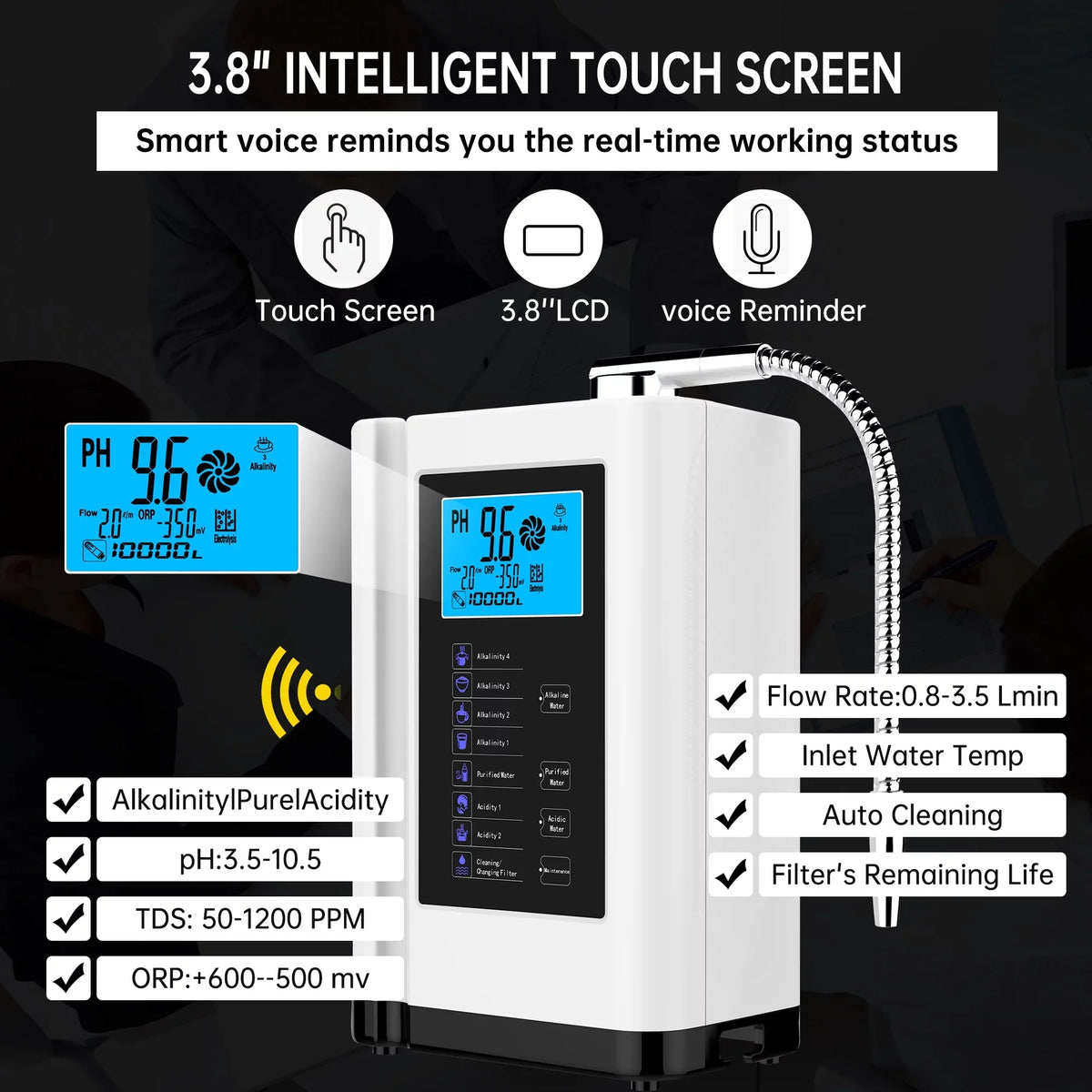 Alka up Auto-cleaning,Intelligent Settings, Water Acid filter,7 Water per 3.5-10.5 to Purifier Water 8000 Machine Alkaline ORP, -500mV Water Voice Liters White) Ionizer, PH Machine,