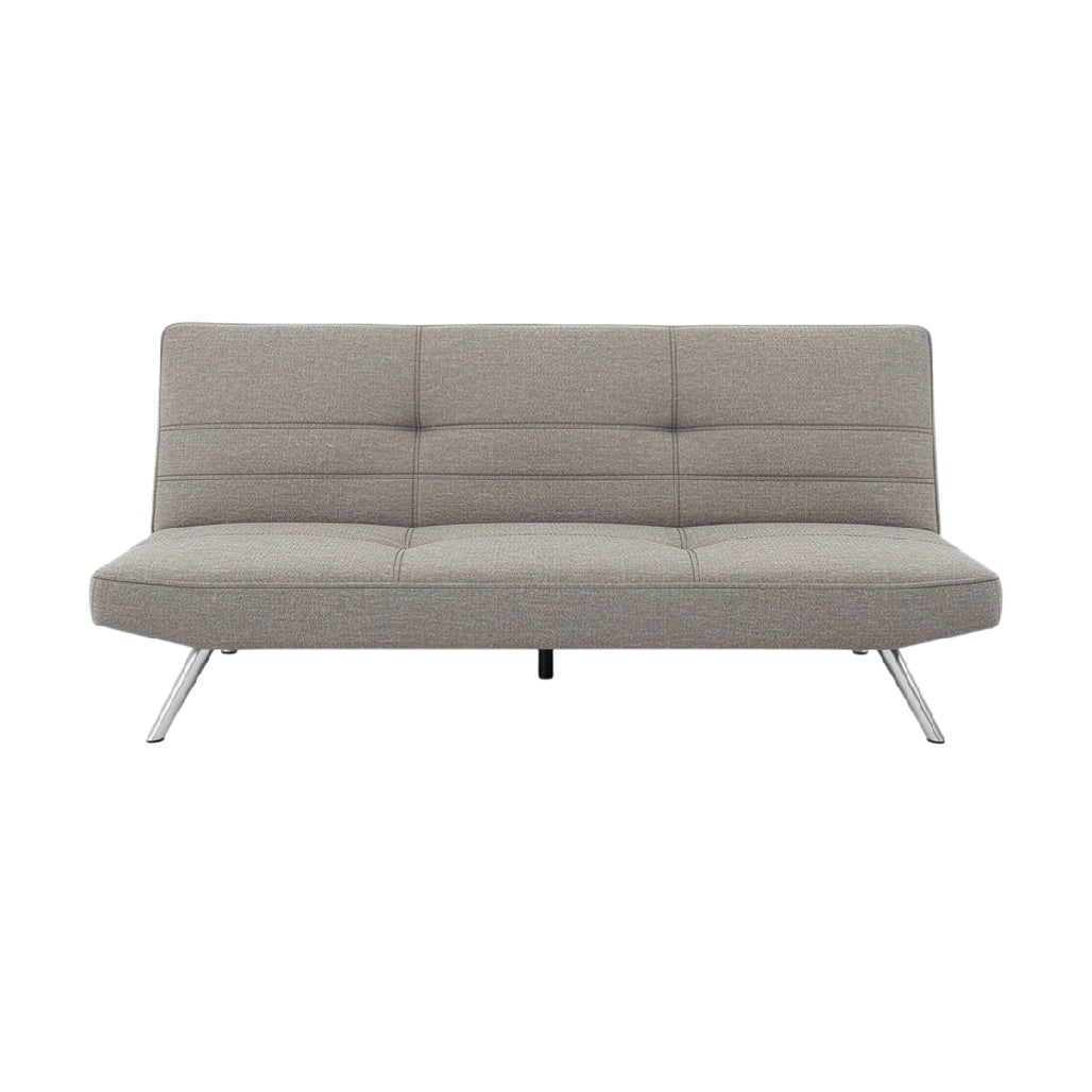 Sofa rozkładana z szarej tkaniny na metalowych nóżkach