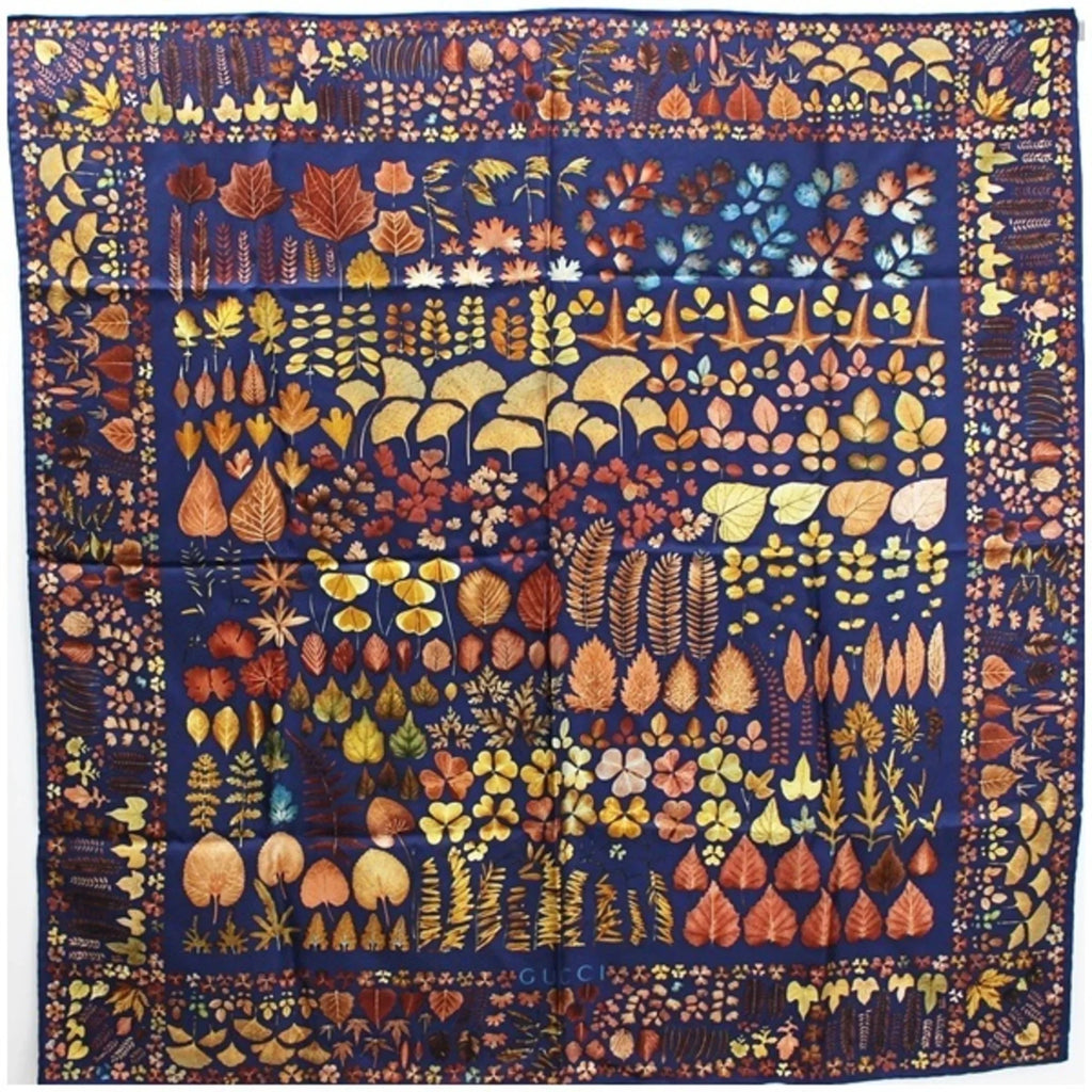 GUCCI x Scarf Navy Gucci Fallen Pattern Brown Leaves (Good) Pre-Owned Muffler Silk Ladies