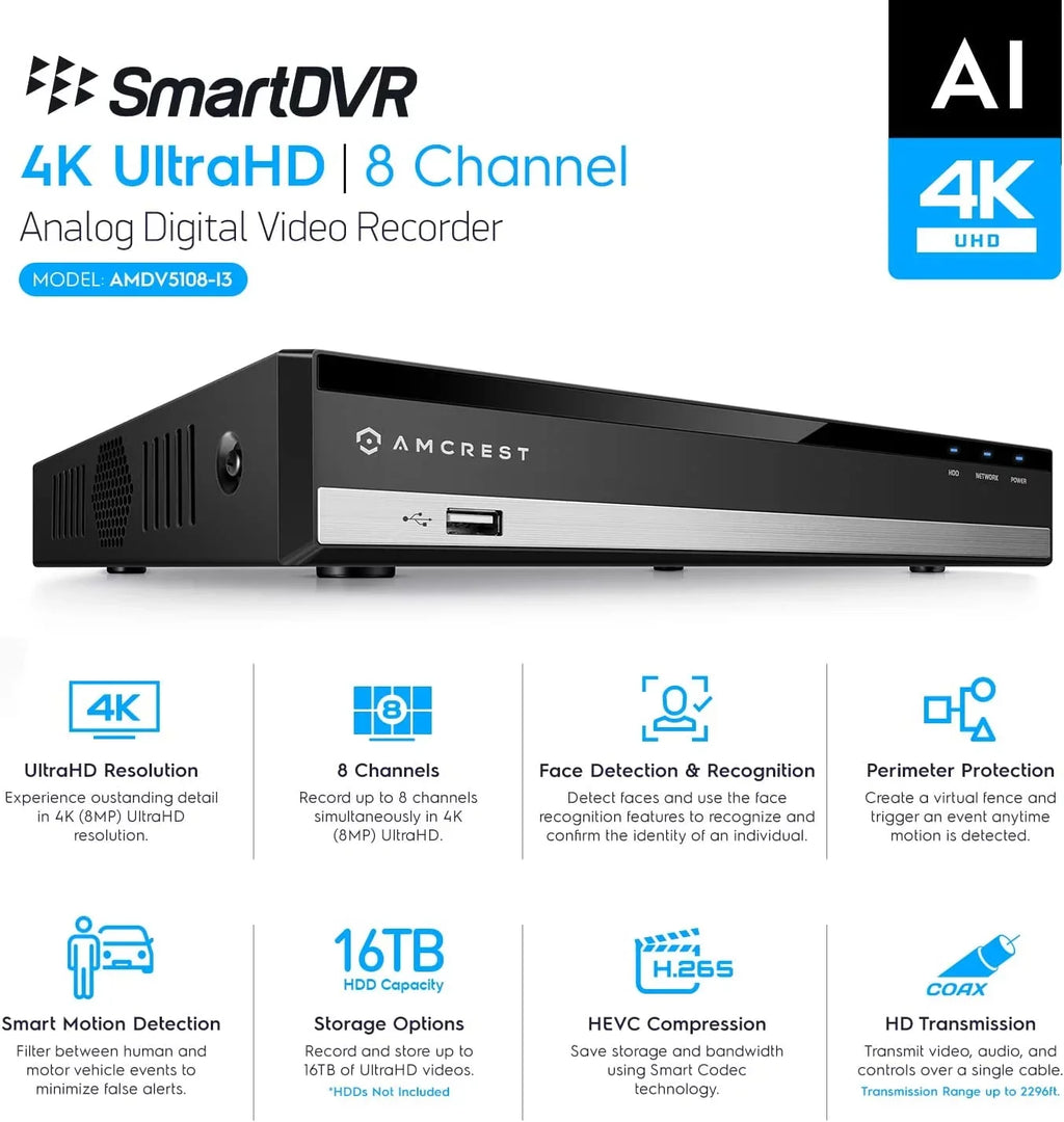 Analog 8 Amcrest & Face Detection Smart (AMDV5108-I3) 4K Channel Human AI for & IP Vehicle Amcrest Recognition, Cameras AI DVR Security AI DVR System Security Camera DVR, Cameras, Recorder,