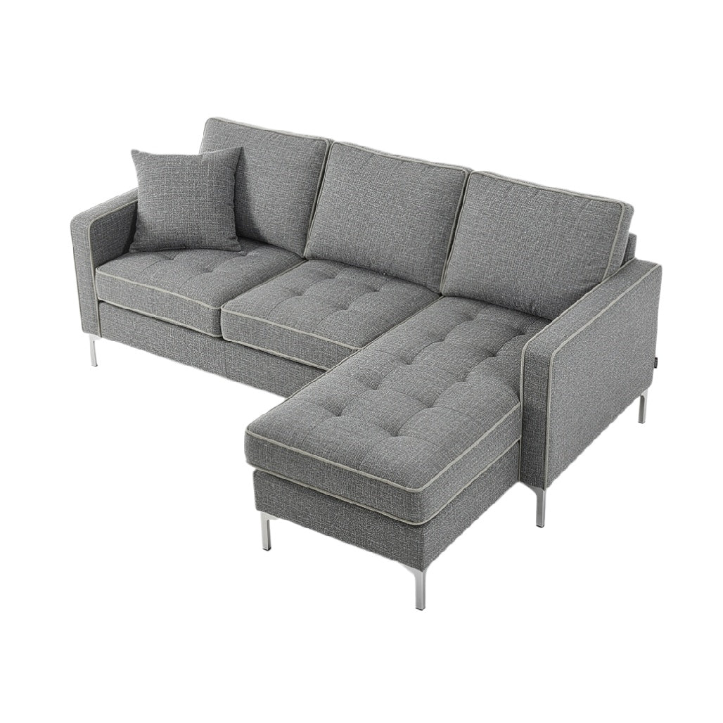 Sofa narożna szara z poduszką i metalowymi nogami
