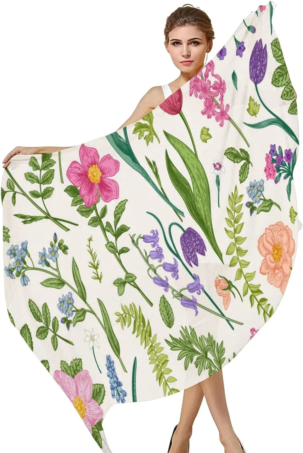 Neck Scarf Long Lightweight Flowers Girls for Wrap and Women Hyjoy Silk Meadow Herbs Scarves Shawl