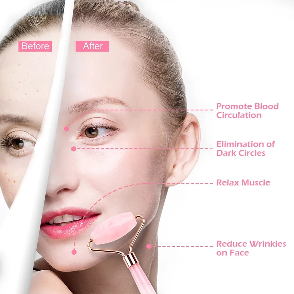 Tools, Facial Muscle Quartz Face Skin and Roller Gua Relieve Roller, Body Beauty Fine Rose Massager Face, Care and Roller, for Lines Relaxing Neck, Eyes, Sha Jade Wrinkles