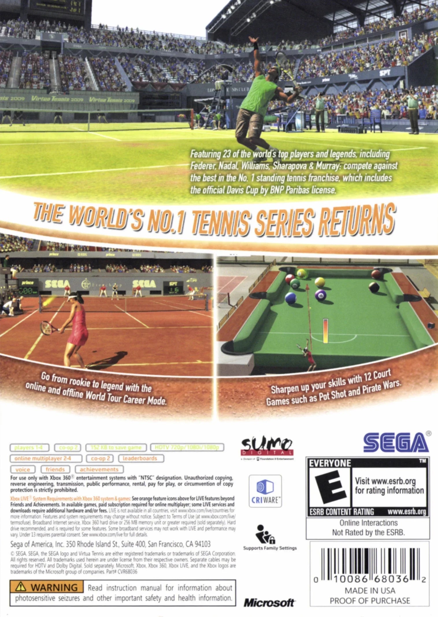 010086680362 2009, Virtua Tennis 360, Sega, XBOX
