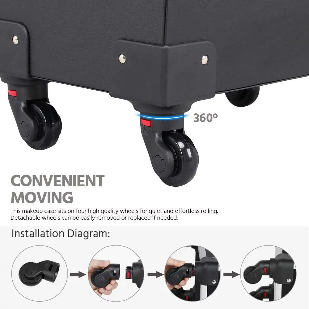 Rod Cosmetic Handle, Makeup Removable 4 Trolley Case Black Wheels, Rolling Train with Luggage Travel Case, Pull Spinner Mirror and
