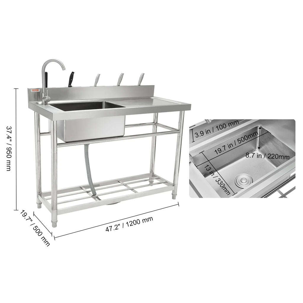 Utility Single Steel Sink w/Workbench BENTISM Bowl Stainless 47.2x19.7x37.4 in