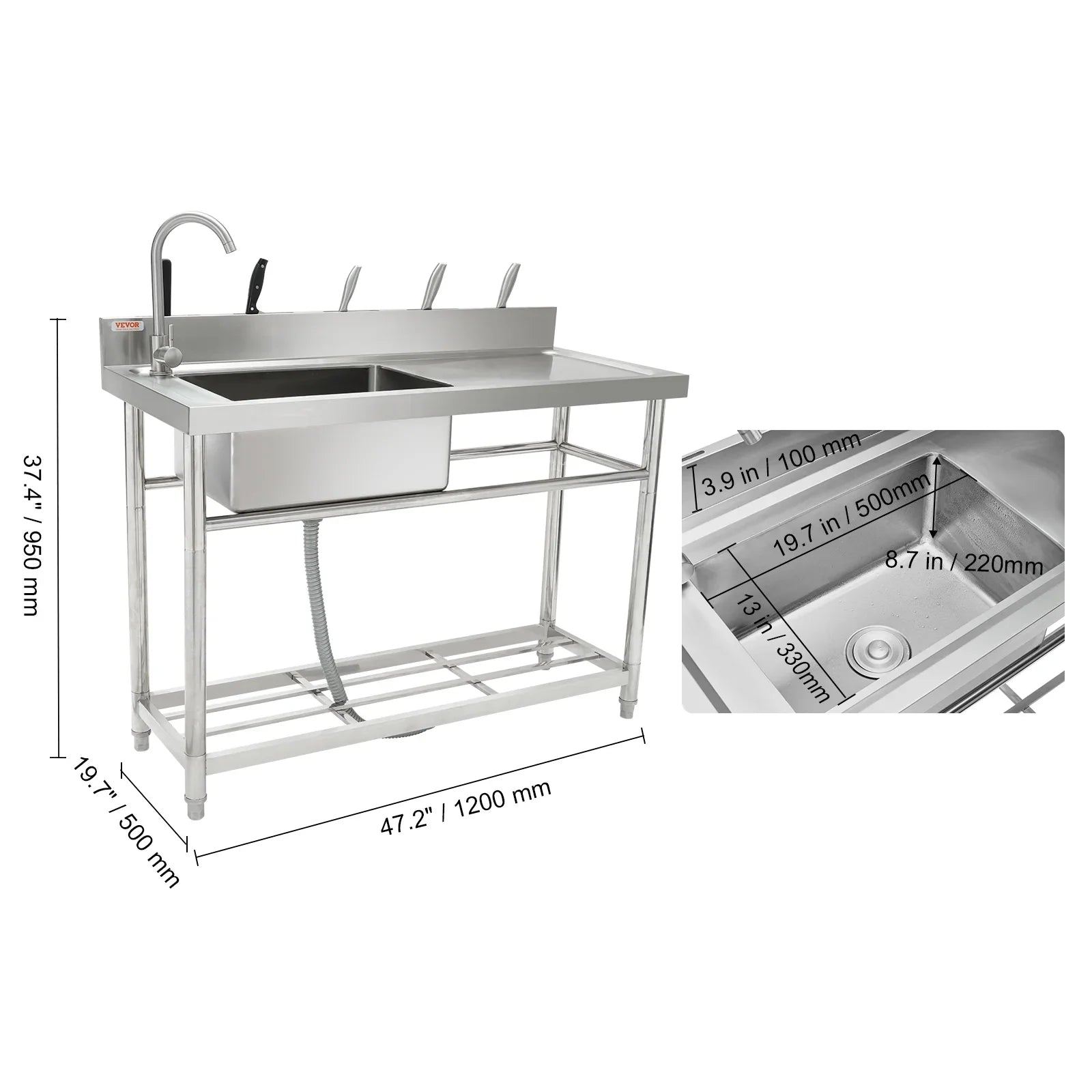 Utility Single Steel Sink w/Workbench BENTISM Bowl Stainless 47.2x19.7x37.4 in