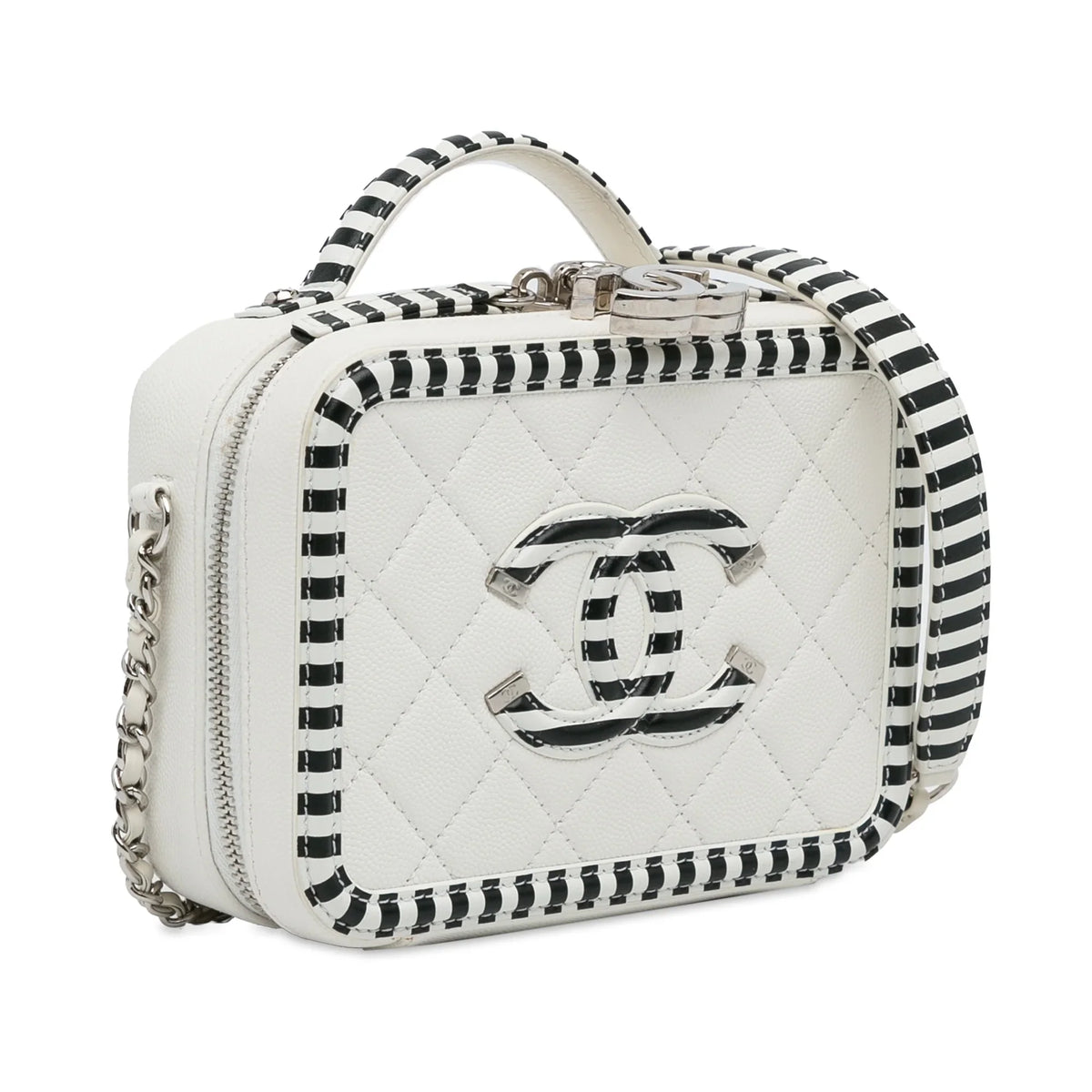 (Like Chanel Unisex Filigree Pre-Owned New) Small Caviar Bag Authenticated Leather Vanity CC White