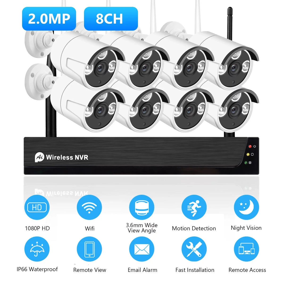 Hard No 8CH Motion NVR CCTV Wireless System, Night with Indoor Tuya 1080P MIXFEER Vision, + Camera Access, Smart Outdoor Cameras 2.0MP 8PCS IP Alert, App Drive 1080P 1080P Remote 8Channel