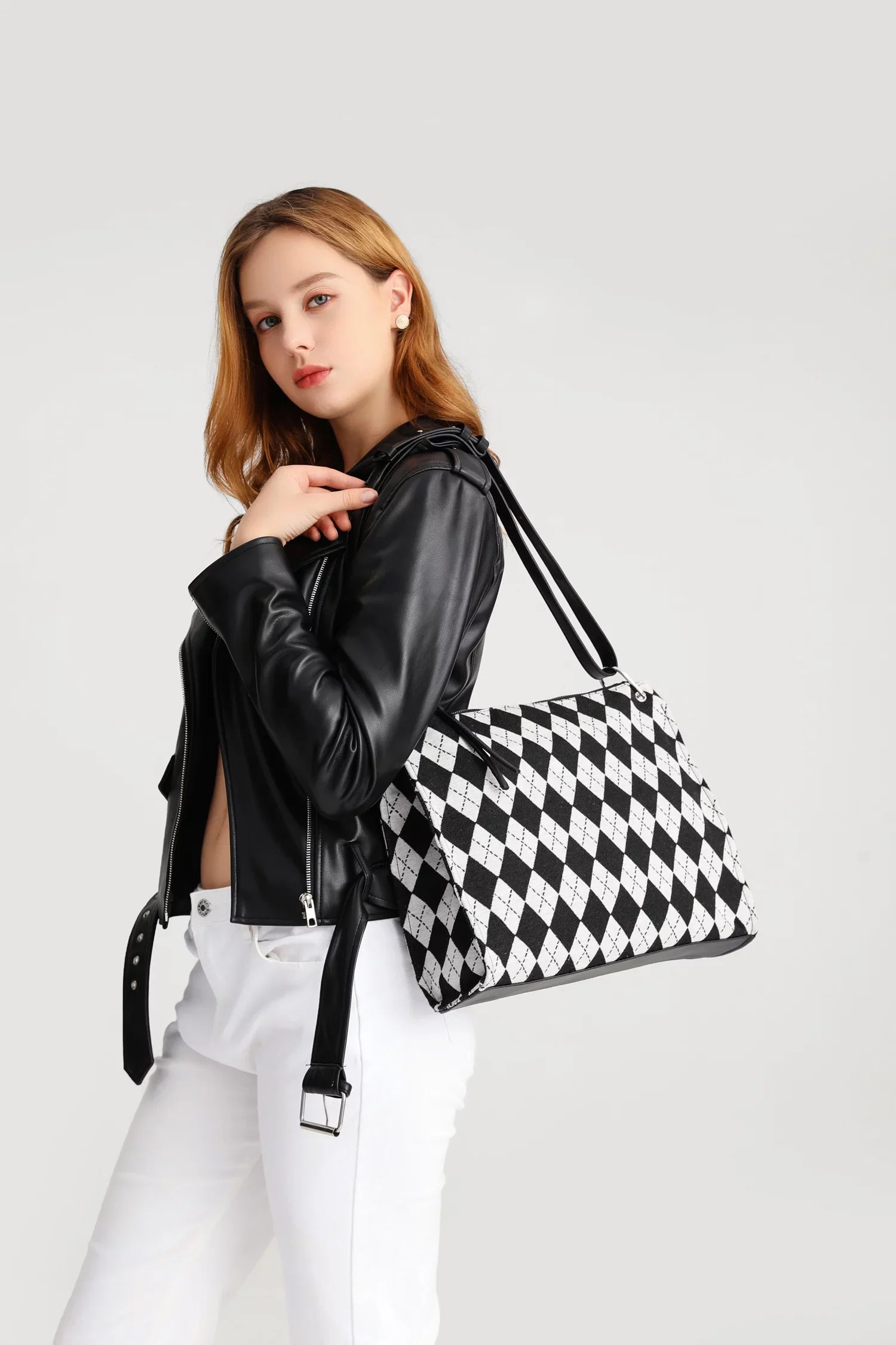 Shoulder pattern Black checkerboard handbag and clutch Ladies off-white Bag handbag