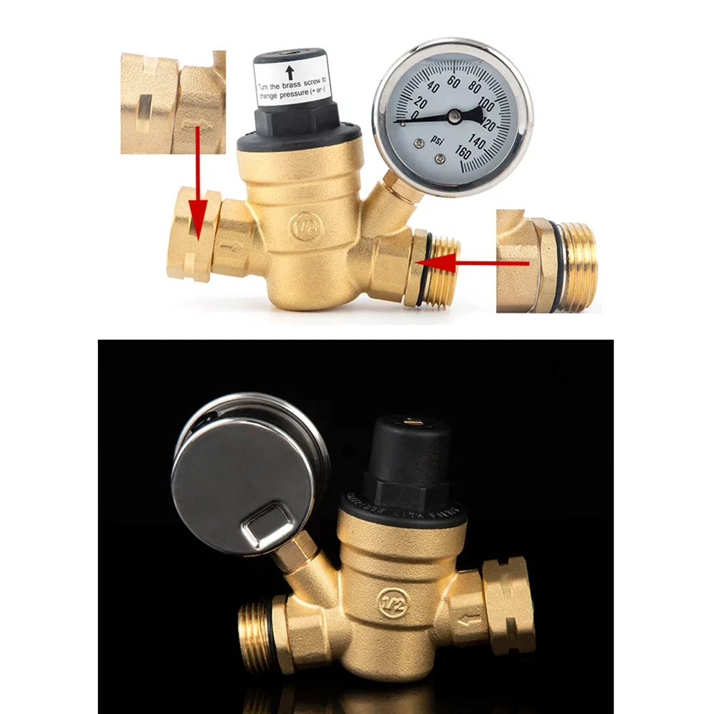 for Regulator Travel Adjustable - Screened and RV and Brass, Water Valve Gauge Pressure Lead-Free Filter, Ideal 0-160PSI Trailers with Inlet