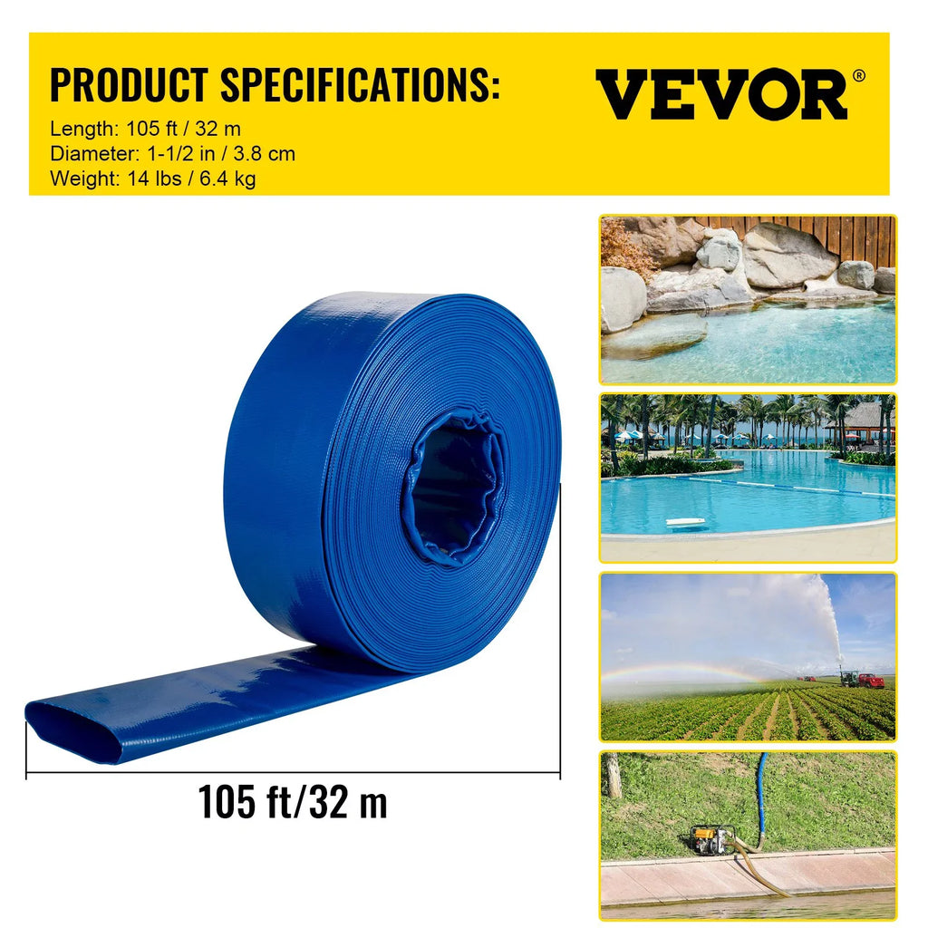 Backwash with x Water Drain & & Swimming Burst-proof, Duty 1-12" 105', Weather-proof VEVOR Flat Hose, Hose, Heavy Clamps, Fabric Pool Transfer, Hose Discharge for Ideal Lay