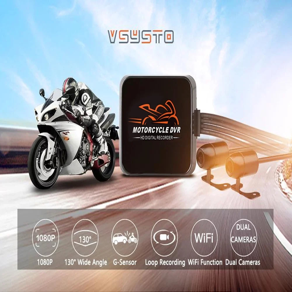 No 1080P VSYSTO & Channels Recording, Cam, G-sensor 2 Front Loop Motorcycle Angle Video Recorder, Camera Wide WiFi Screen HD Dash Rear Vision Driving Night 130°
