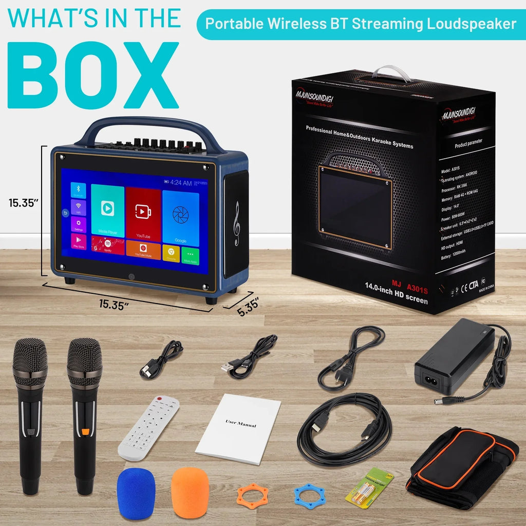 Screen/Android Machine Loudspeaker BT Wireless Adults&Kid,14”HD Touch Microphone/WiFi/USB/SD/PC/TV/Phones/HDMI for Karaoke 12/4+64G,Support Systems transportable Streaming