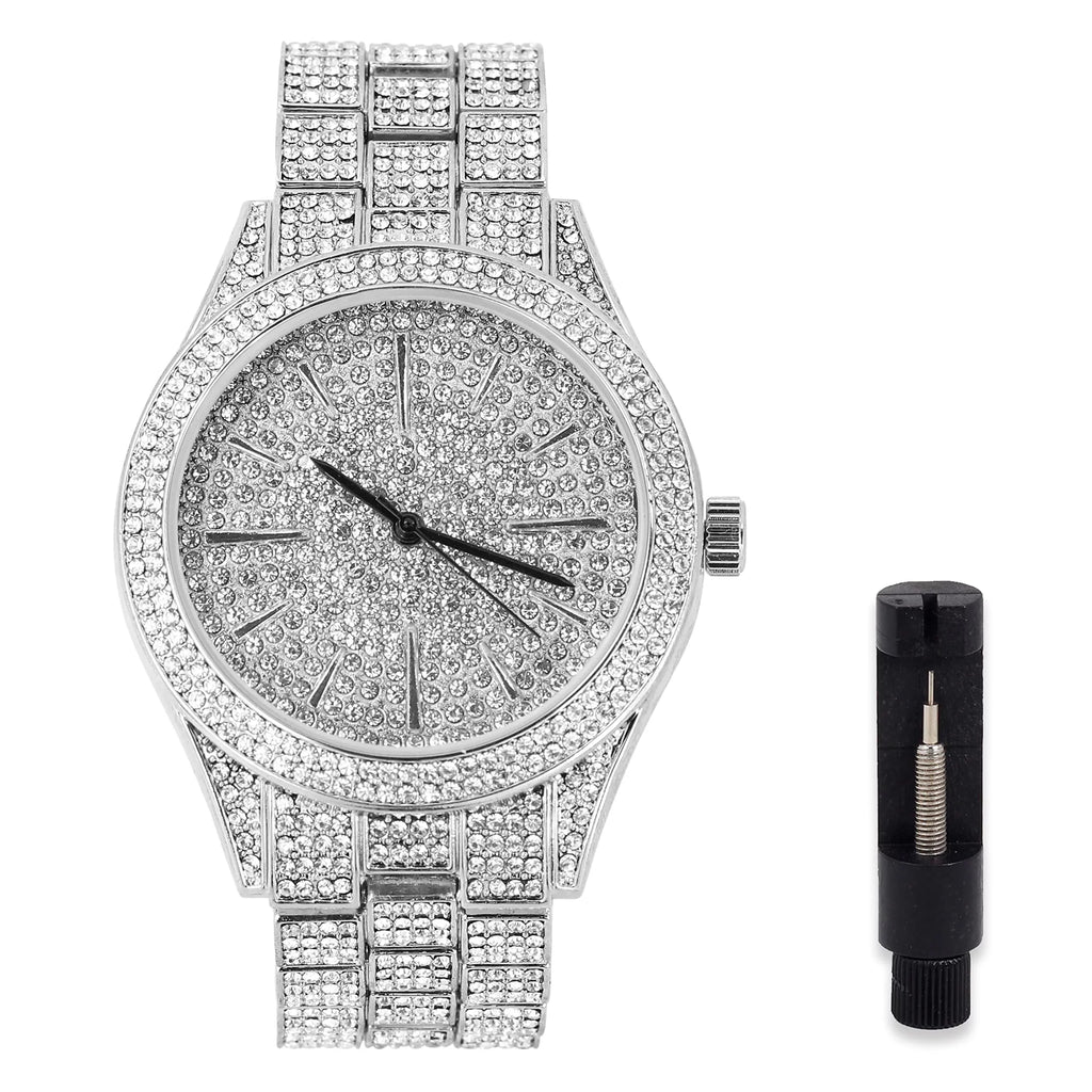 Simulated Iced 42mm Diamond - Bling Band Adjustable Mens Out Movement Tone Silver Metal - Out with Watch Quartz Fully Dial Finish Bling-ed and Diamonds -