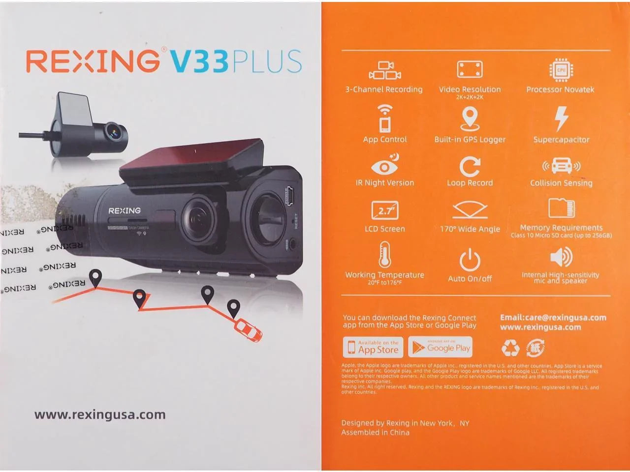 Channel +Cabin V33 +Rear Front 3 camera, with BBY-V33 Resolution GPS Dashcam Rexing 1440p+1440p+1440p