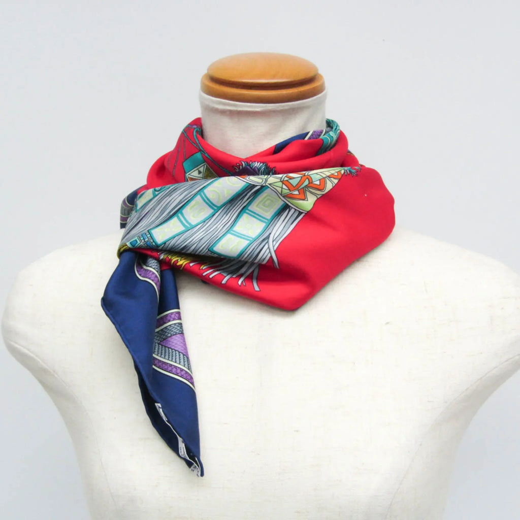 Hermes Women's DESERT Scarf Multi-color,Navy,Red Silk Color CUIRS Carre90 (Good) DU Pre-Owned