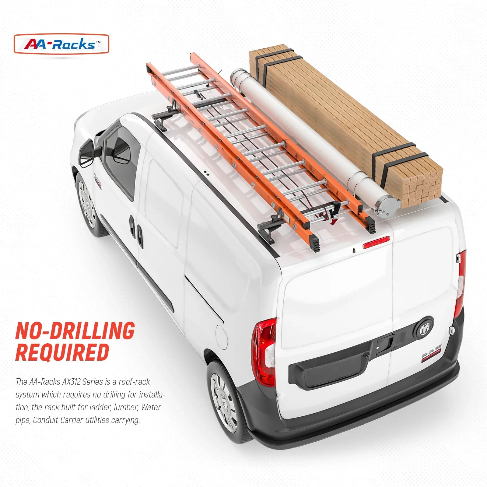 AX312-PR w/ RAM Ladder Rack AA-Racks Model System Van (50") Black Bar 2015-On Roof City Aluminum ProMaster Stopper 2