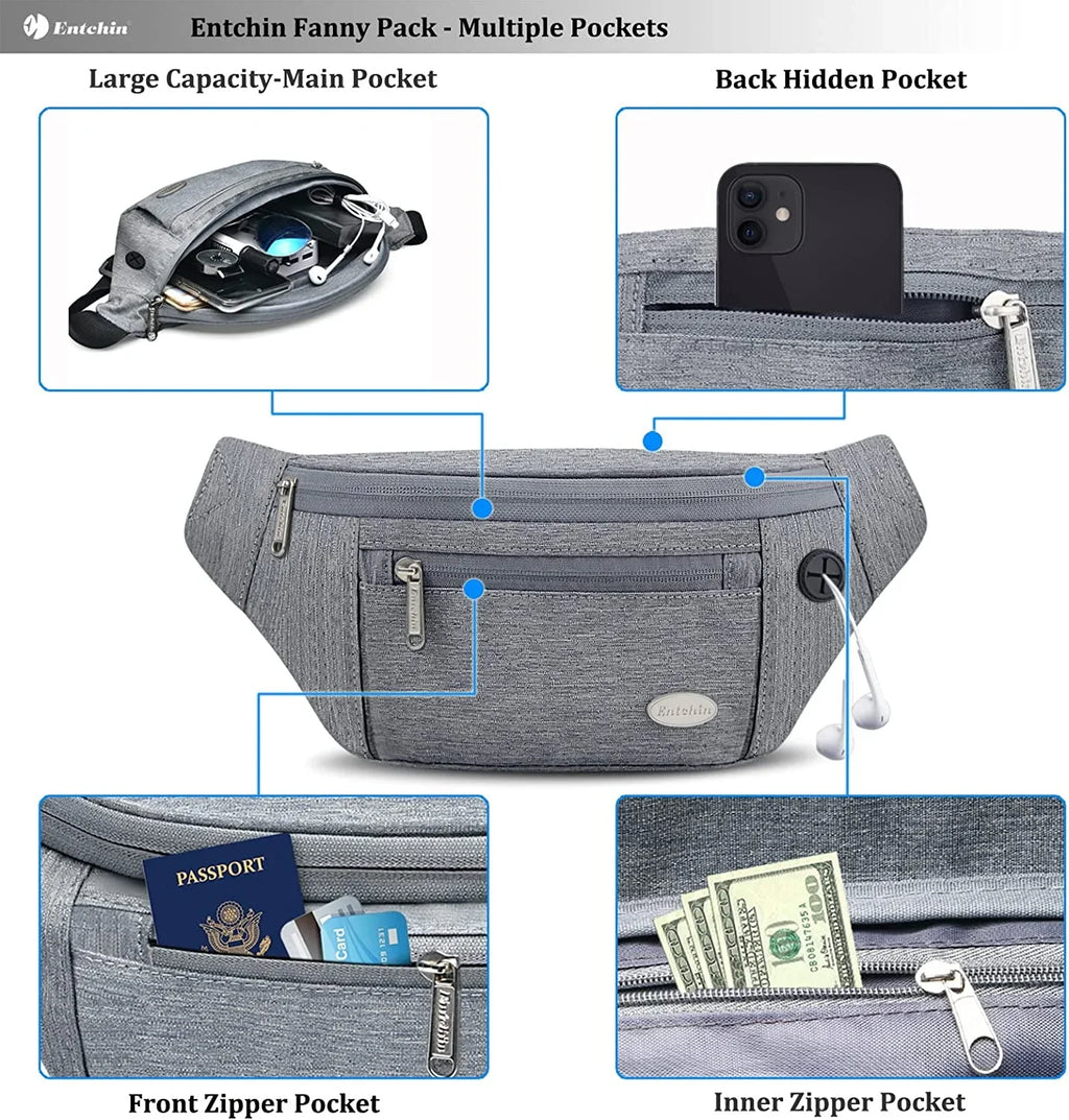 Running, and Bum Entchin Cycling Casual Women Pack for Fanny premium for Crossbody Pockets, with Bags fashion Travel, Pack Men 4-Zipper Waist Hiking,