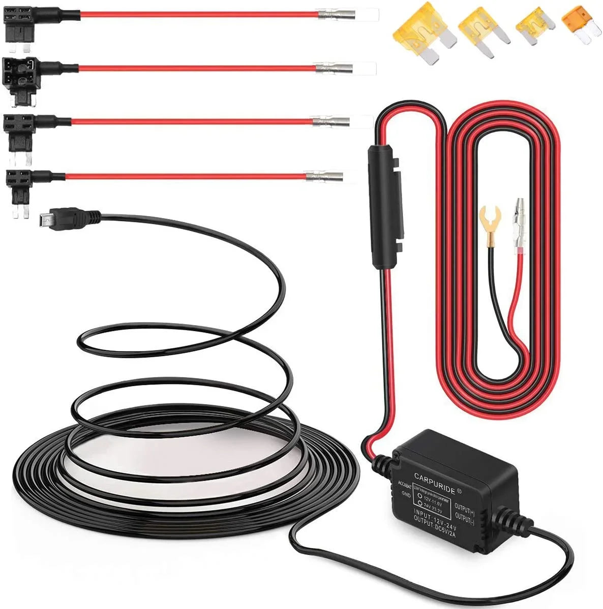 Car 5V/2A Dash to DC Cam Port, Fuse, Hardwire Camera with USB - 12V Kit, Cable Mini Charger Low kit Max 24V Dash