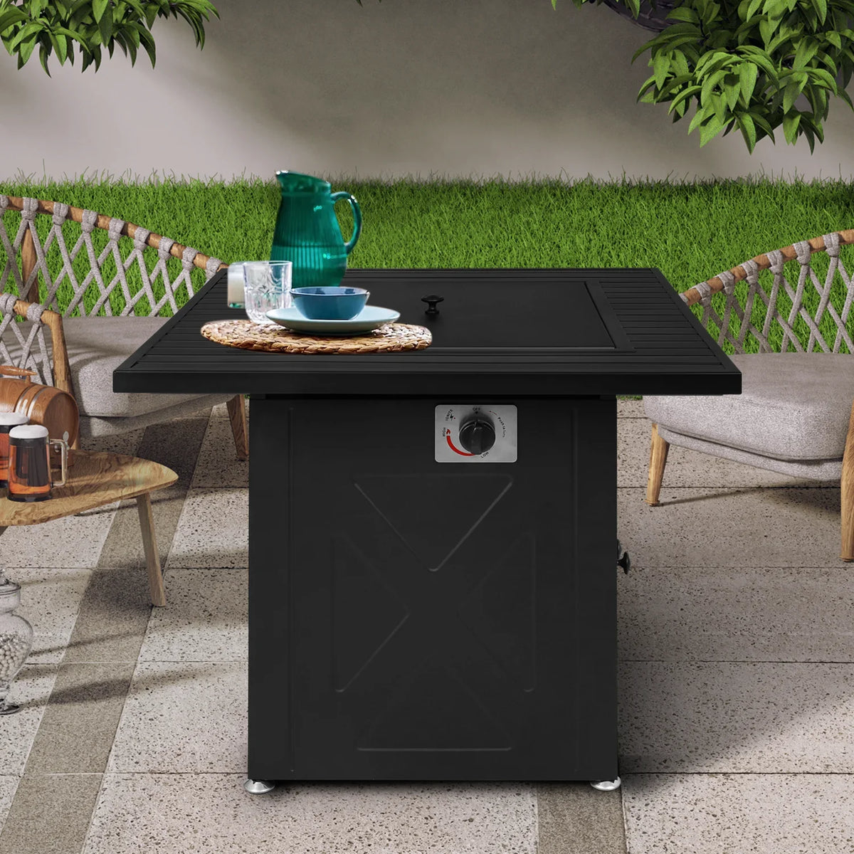 with MoNiBloom Propane Pit Table Gas Patio, Outdoor Lid 50,000 BTU Fire and Rocks Square Metal Fire Lava for Pit Table Black 28"