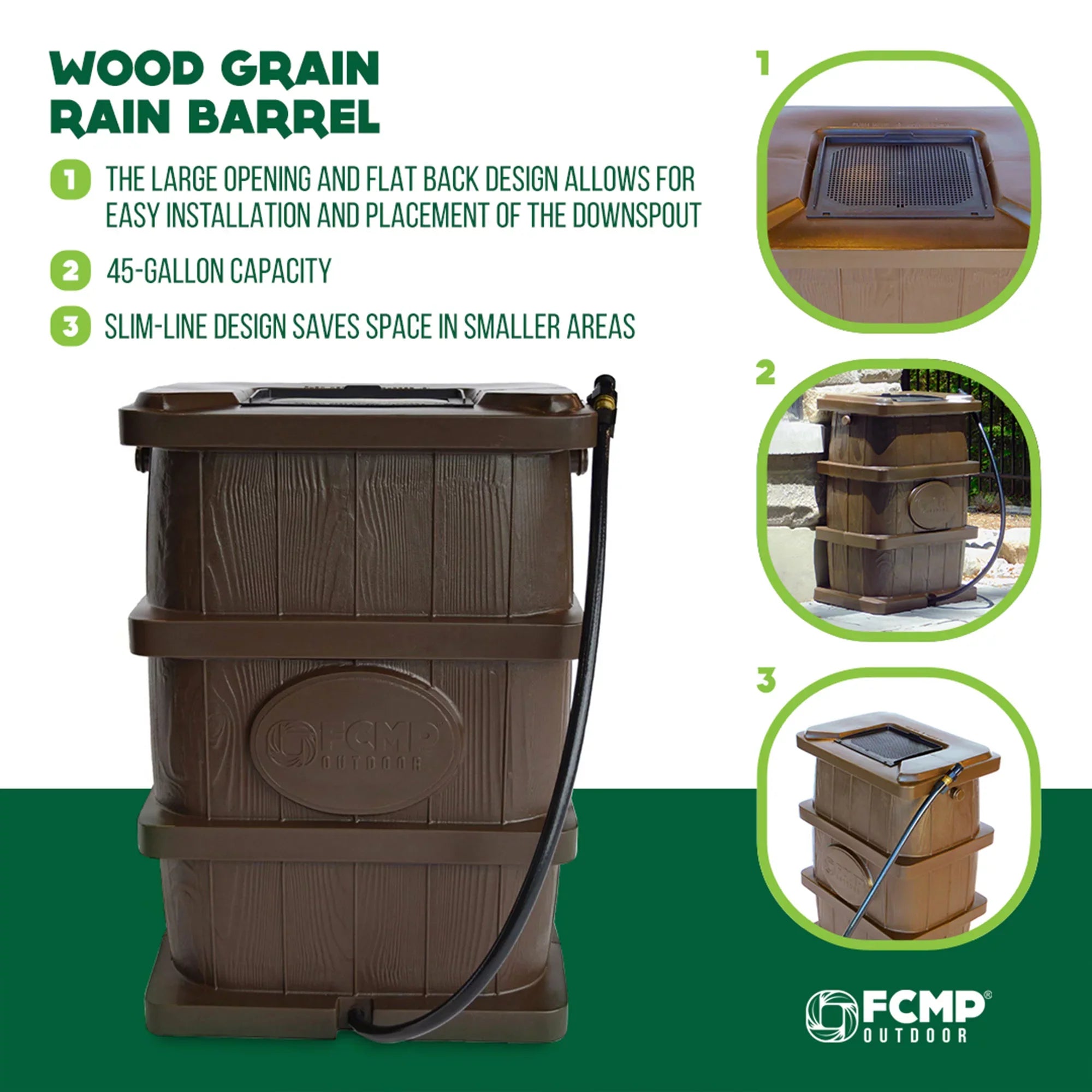 FCMP Outdoor Gallon Rain Catcher 45 Wood Barrel, WG4000 Grain Brown Water