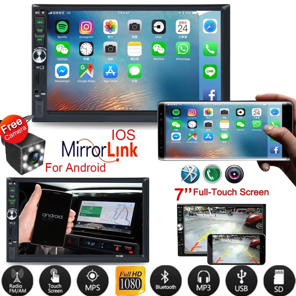 Reverse Camera Link(Both 7" Car Screen and System) Android And Touch Radio with Bluetooth Support Double HD Mirror Stereo ios Din